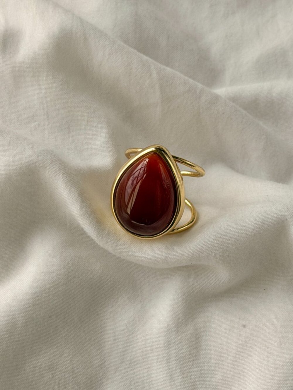 Big Drop Stone 18k Gold Plated Adjustable Ring - Red Agate